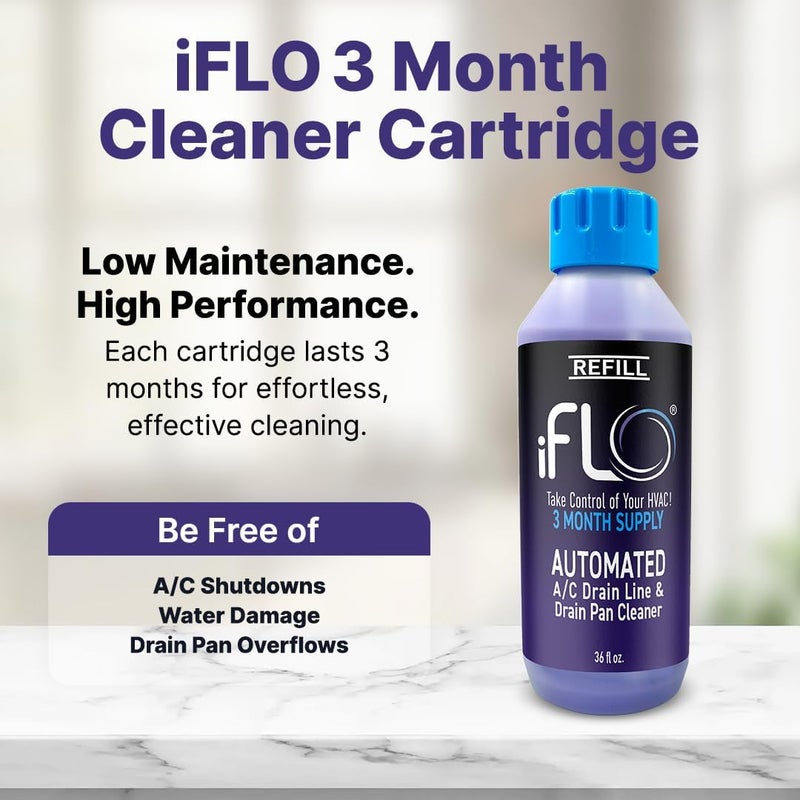 iFLO ® Smart A/C Drain Line Cleaner and Drain Pan Cleaner Cartridge, Fast-Acting, Long-Lasting HVAC System Solution for Tough Clogs & Buildup, 3-Month Supply per Bottle, 2 Pack of 36oz - Image 2